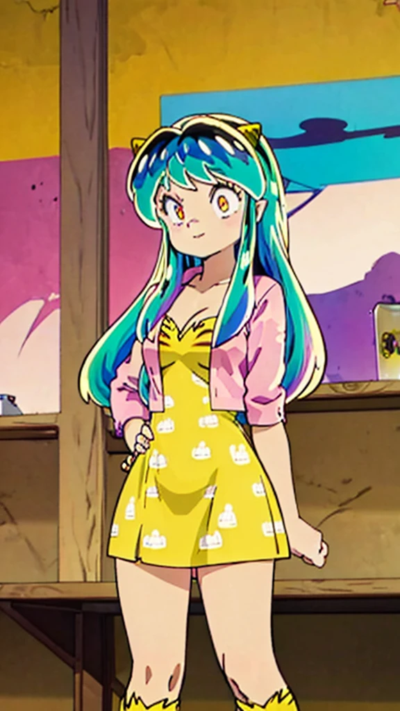 Lum, urusei yatsura, Yellow dress, pink cardigan, sharpteeth, standing,smile, matial art,