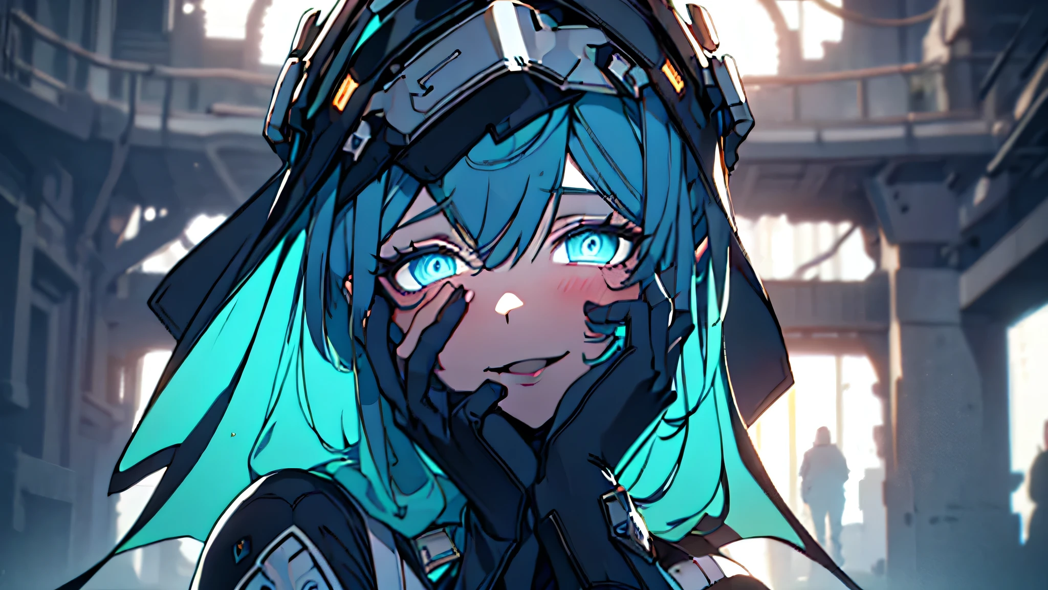 ((Best quality)), ((masterpiece)), (detailed:1.4), 3D, an image of a beautiful cyberpunk female, Yandere , Yandere Face , Trance , Trance Eyes , yameroyandere , constricted pupils , yandere ,
empty eyes . shaded face , crazy eyes , blue glowing eyes , crazy smile , dark, long sky blue hair, watering hair, blue eyes, white headgear, White Soldier Shirt, Black under cloth, Short white panty, Grenade belt, Big chest, Big thigh, High thigh black knee sock, full view of girl, battlefield background, black combat boot, red necktie, black glove, black combat suit, black jacket, black cloak, black panty, ammo belt, HDR (High Dynamic Range),Ray Tracing,NVIDIA RTX,Super-Resolution,Unreal 5,Subsurface scattering,PBR Texturing,Post-processing,Anisotropic Filtering,Depth-of-field,Maximum clarity and sharpness,Multi-layered textures,Albedo and Specular maps,Surface shading,Accurate simulation of light-material interaction,Perfect proportions,Octane Render,Two-tone lighting,Wide aperture,Low ISO,White balance,Rule of thirds,8K RAW,