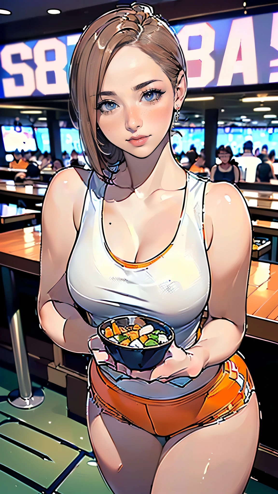 masterpiece,highest quality,Very detailed,High resolution,8k,wallpaper,Perfect lighting,break(One Woman),(Mature woman working as a waiter at a sports bar:1.5),(45 years old),(hooters),(((A very form fitting white tank top:1.5))),((The tank top has the logo of a sports bar on it.:1.5)),(((tiny orange shorts))),(((Very detailedなコスチュームの描画:1.5))),(Beautiful Eyes:1.5),(Detailed face drawing:1.5),(Detailed face drawing:1.5),((Very detailedな女性の手:1.5)),(Shiny skin:1.2),(Big Breasts:1.2),(Thick thighs:1.5),(Sensual body:1.5),(Sports bar background:1.5),(((Blur the background:1.5))),(((Carrying food:1.5)))