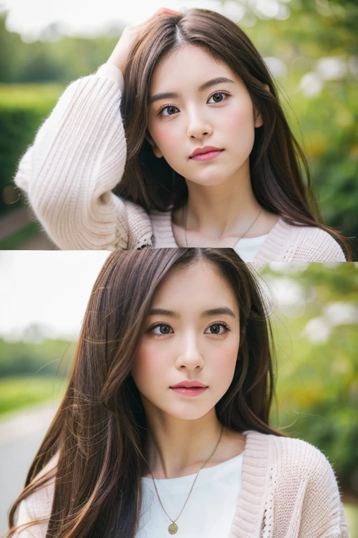 ((highest quality, 8k, masterpiece :1.3)), 1 girl, (Semi-long hair :1.2),Photographed in front of a white wall、Photographed in natural light、pastel cardigan :1.1, Top view、super Detailed face, Fine Eyes,(Highly realistic photos, High resolution, Detailed face, Fine Eyes)、Japanese women, 28 years old, A variety of expressions, alone:1, Various Hair Styles, Casual clothing, Only one person in the photo、Long sleeve dress、Photographed in natural light、Simple Necklace、Spring Clothes、Don't look at the camera、profile、Dark brown hair color