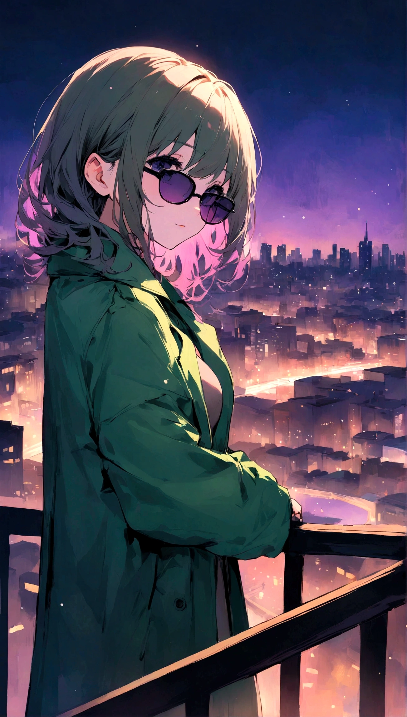 Cool Girl Wallpaper Images : Beautiful modern girl in a green coat Wear sunglasses Behind is the cityscape in the evening. There are twinkling lights of the city amidst the green, green, Purple Sky. Cool girl stands on a high balcony or bridge. Looking out over the city with a confident and calm expression. The colors of the painting emphasize the dramatic atmosphere..