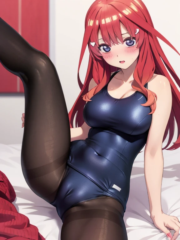best quality, masterpiece, high quality, insanely detailed, ichika nakano, one-piece swimsuit, breasts, pantyhose, blush, leg spread