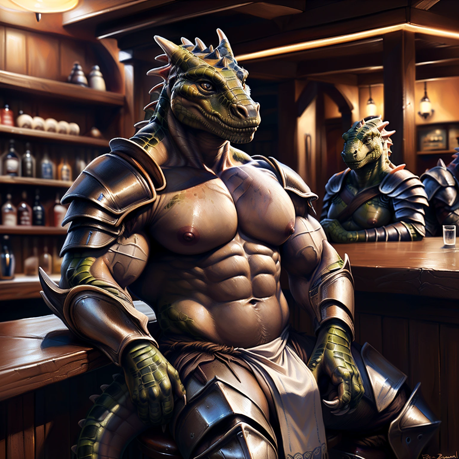 (((((Kobold)))) (dungeons & dragons), ((loincloth)), ((((armor)))), (((exposing chest))), hatless, (((showing pecs))), (((((open chest))))), manly, virile, male, solo, adult, nipple focus, nipples, detailed muscles, (big bodybuilder body), (big muscular male), (detailed muscular oblique), (muscular v-cut), (wide muscular shoulder), (detailed muscular butt), (detailed muscular thighs), (detailed muscular abs), ((((huge muscular pecs)))), (big muscular biceps), detailed face, beautiful eyes, closed mouth, (happy face), sitting in stool, bar counter behind, tavern background, looking at viewer, by bruteandbrawn, by personalami, by kenket, (intricate, high detail, film photography, soft focus, RAW candid cinema, photorealism, realistic, photorealistic, analog style, subsurface scattering, masterpiece, best quality, ultra realistic, 8k), nude, penis, balls.