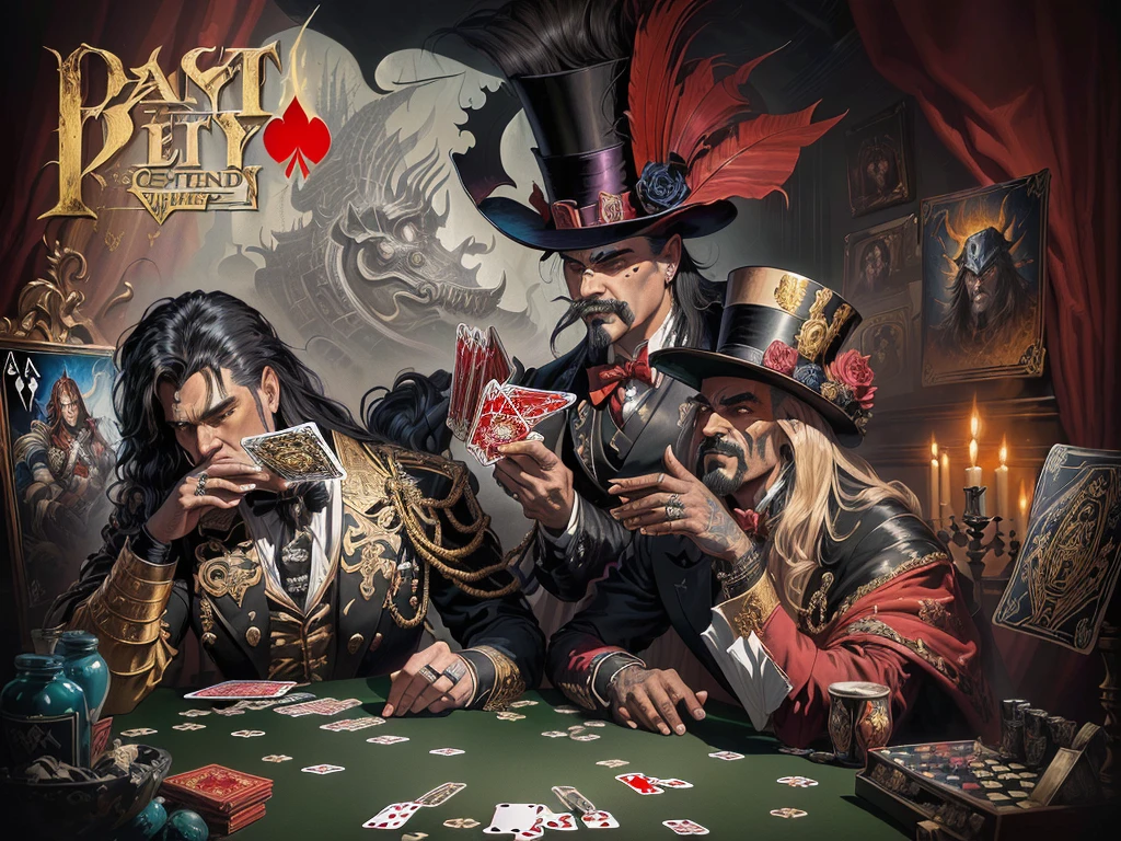 Painting of a man in a top hat and the devil, playing cards, piece of art, album art, detailed cover piece of art, album piece of art, card game illustration, official piece of art, Dave Arredondo, Wayne England, Board game cover, album, Epic fantasy art card game, satirical painting, "Pig, 1 9 8 0's heavy metal album art