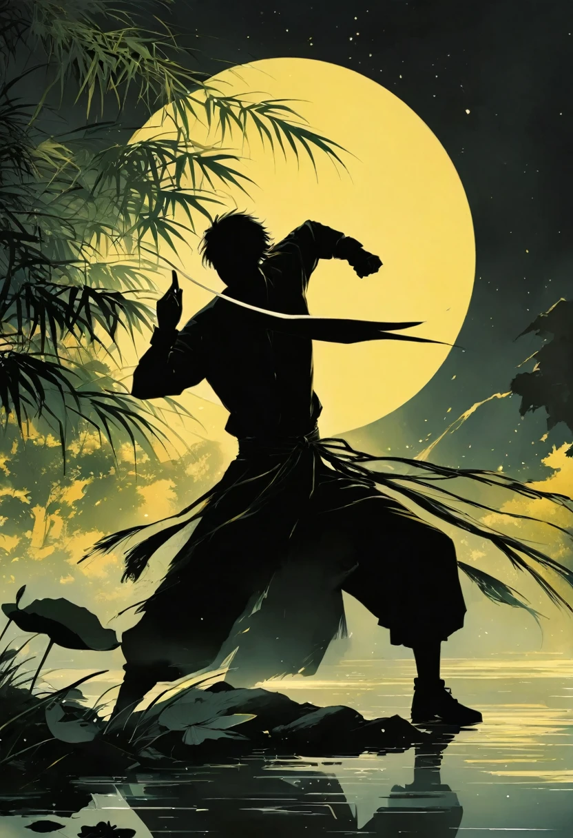 (纯Black silhouette,Heroine fighting silhouette:1.5),(fighting stance,Strong dynamics:1.4),On the Lake,High contrast, light, mysterious atmosphere,,lotus,Lotus Leaf,ripple,(Water splash;1.4),A moon,Strong dynamics,martial arts,effort,Black silhouette,Extreme backlight shooting,照片上呈现出Black silhouette(No color or detail),High contrast against bright background