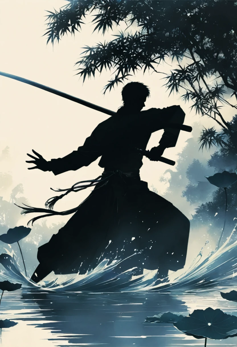 (纯Black silhouette,Heroine fighting silhouette:1.5),(fighting stance，Strong dynamics:1.4),On the Lake，High contrast, light, mysterious atmosphere,，lotus，Lotus Leaf，ripple，(Water splash;1.4)，A moon，Strong dynamics，martial arts，effort，Black silhouette，Extreme backlight shooting,照片上呈现出Black silhouette(No color or detail),High contrast against bright background