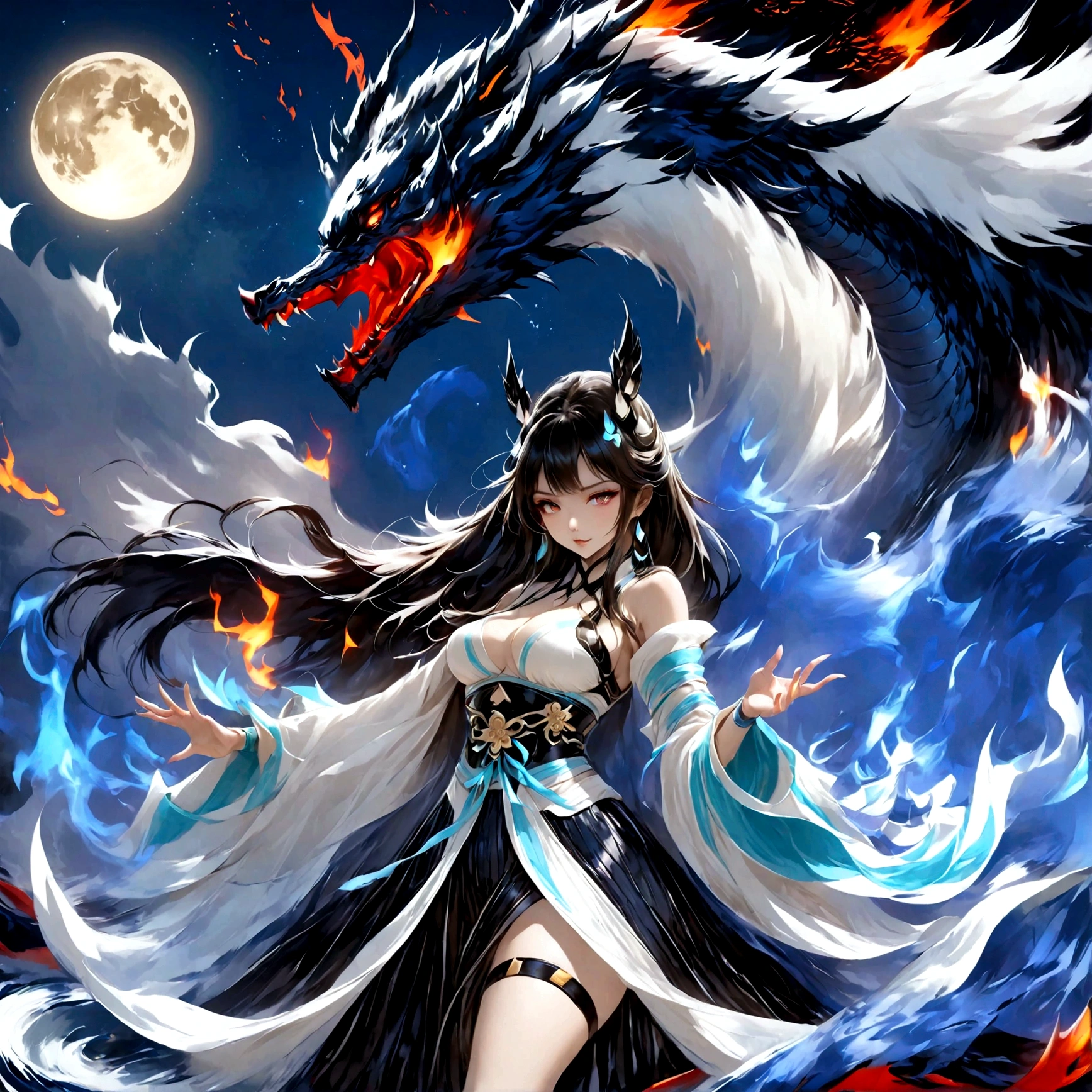 highest quality, Ultra-high resolution,A shrine maiden wearing red hakama is dancing in front of a giant red dragon.、Dynamic Movement、Full moon night、Real、The dragon's head1t、竜の胴は一t、Swirling Flames