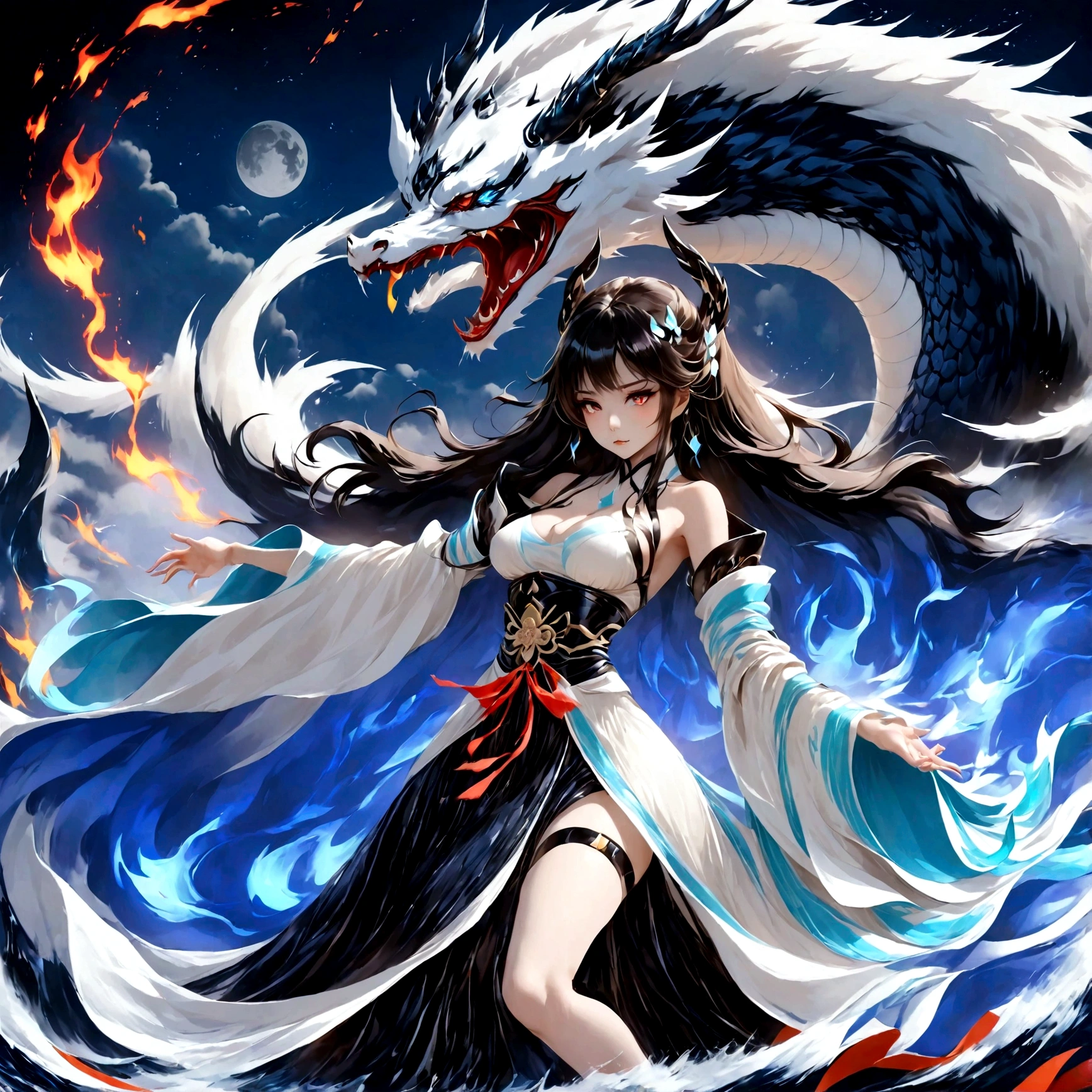 highest quality, Ultra-high resolution,A shrine maiden wearing red hakama is dancing in front of a giant red dragon.、Dynamic Movement、Full moon night、Real、The dragon's head1t、竜の胴は一t、Swirling Flames