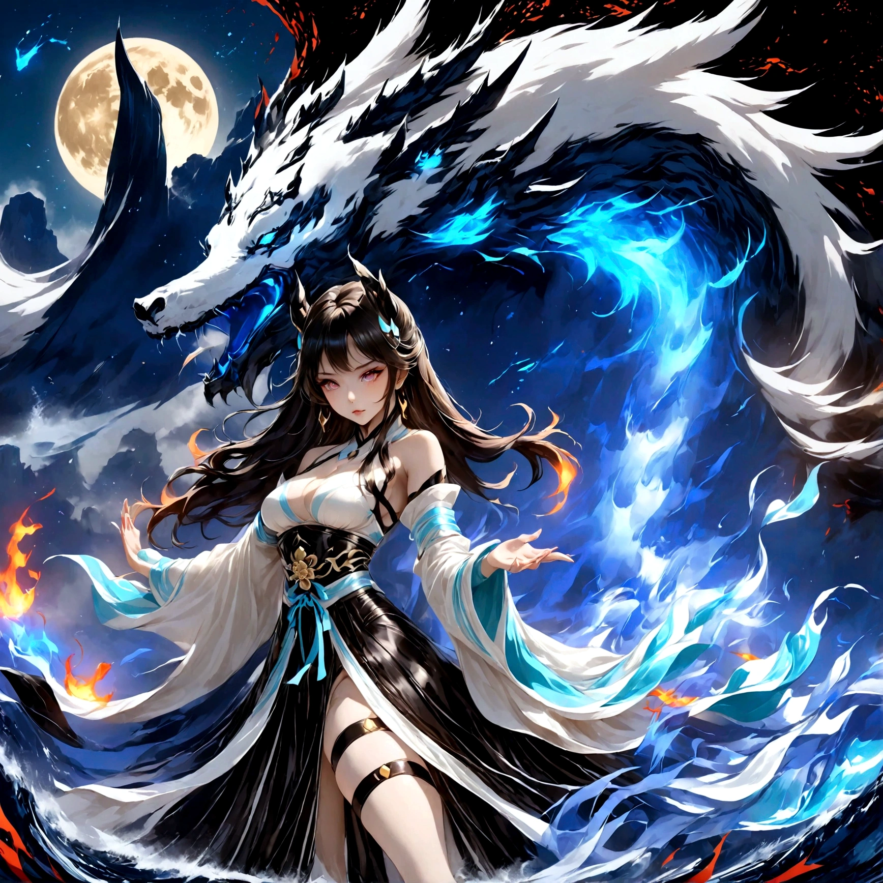 highest quality, Ultra-high resolution,A shrine maiden wearing red hakama is dancing in front of a giant red dragon.、Dynamic Movement、Full moon night、Real、The dragon's head1t、竜の胴は一t、Swirling Flames
