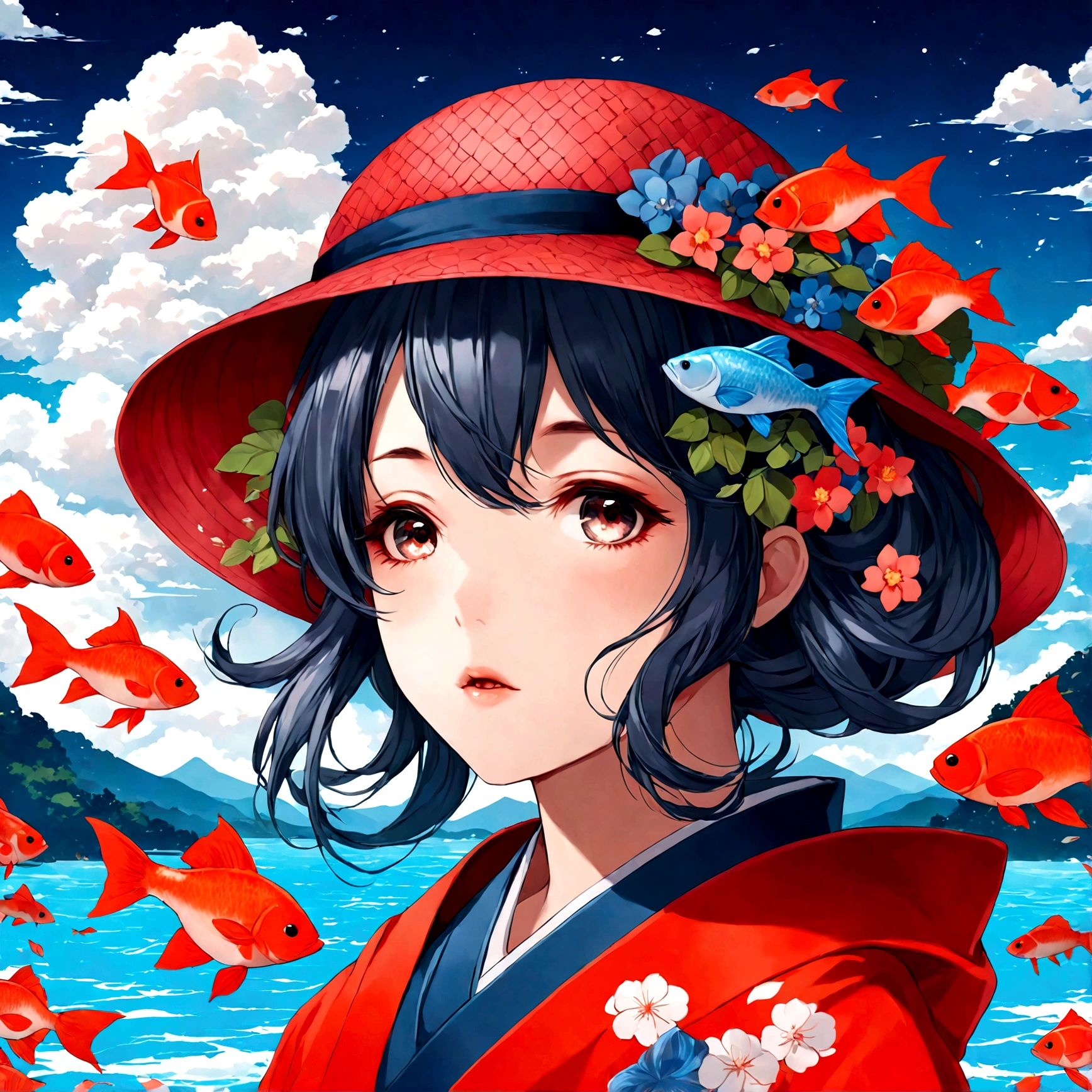 1girl, anime girl with a red hat and a fish in her hair, a beautiful artwork illustration, beautiful anime artwork, beautiful digital illustration, beautiful anime art, beautiful digital artwork, anime style illustration, beautiful anime art style, beautiful anime portrait, anime fantasy illustration, anime styled digital art, anime graphic illustration, japanese art style, exquisite digital illustration, anime art wallpaper 4k, a digital painting by Yuumei, pixiv contest winner, fantasy art, masterpiece, best quality, very aesthetic, absurdres
