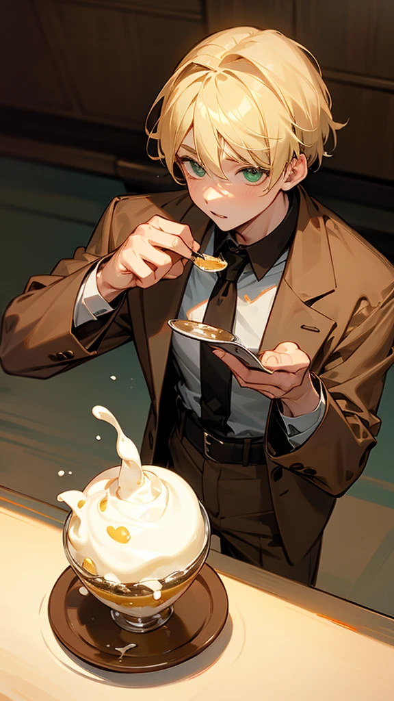 A young man with blond hair, green eyes and a baby face wearing a brown suit、Happy eating a big sundae