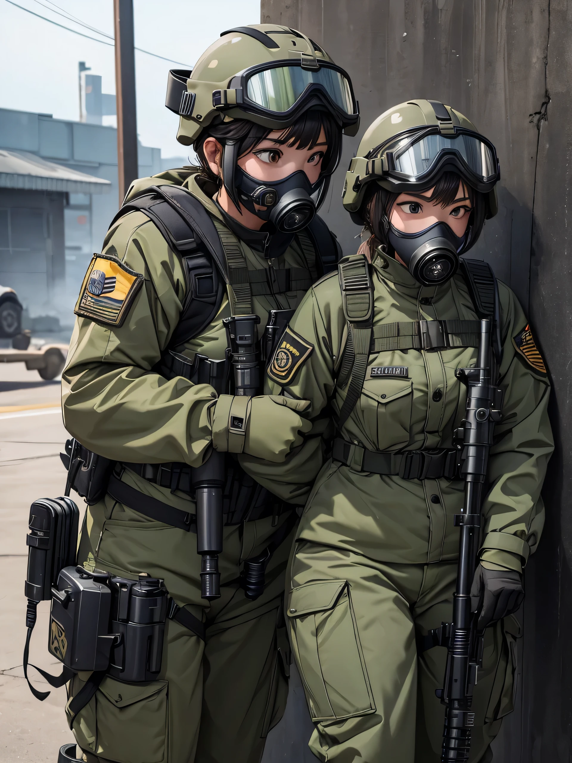 Two female special forces soldiers wearing gas masks、Individual equipment set、Put on a helmet、Wear goggles、M51 Military Uniform、Front side by side、Show full body、Write details、masterpiece、best quality、Highly detailed CG、8K picture quality