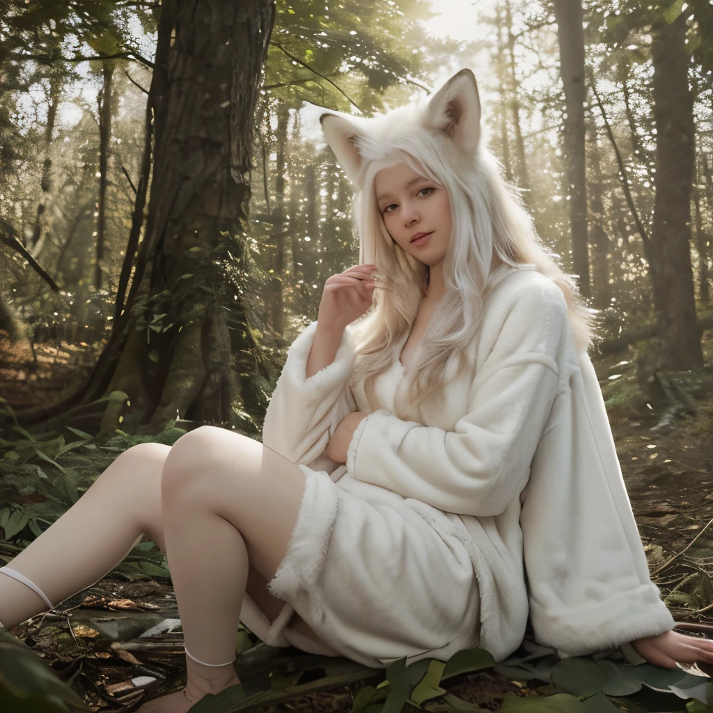 Professional high-quality photos, 4K resolution, Realistically captured a woman in fluffy white pajamas、Detail of charming girl with long ears and fox tail. She sat in an enchanted forest, Every element is perfectly presented. The texture of the pajamas, Ears and tail are pointed and distinct. Sunlight on the leaves,Gently illuminates the girl's face, Highlight every exquisite and charming expression