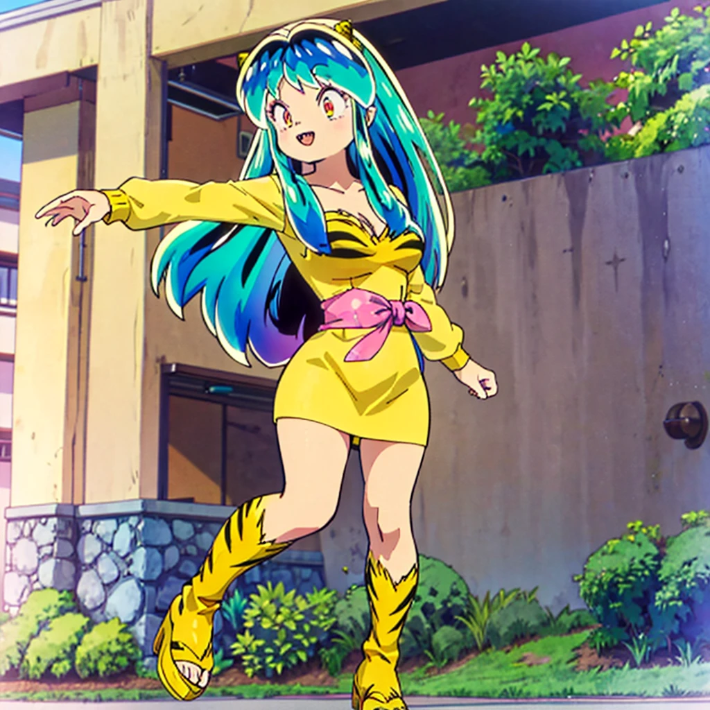Lum, urusei yatsura, Yellow dress, pink long sleeves cardigan, sharpteeth, standing,smile, matial art, large breast, sandals, open mouth,