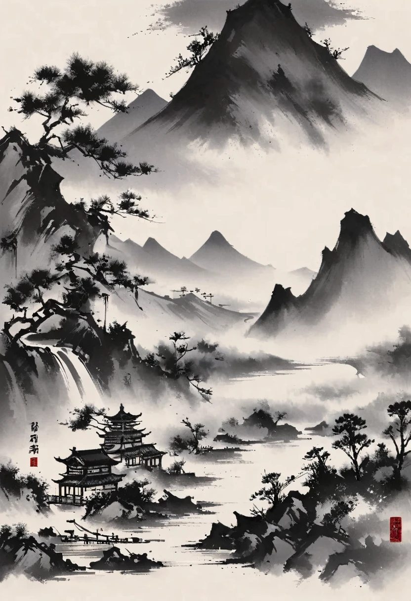 (大量留white:1.5),white, white色背景, simple, Minimalism, abstract,Freehand,Aesthetic,黑与white,Ink Painting,antiquity,Mountain,People in the distance