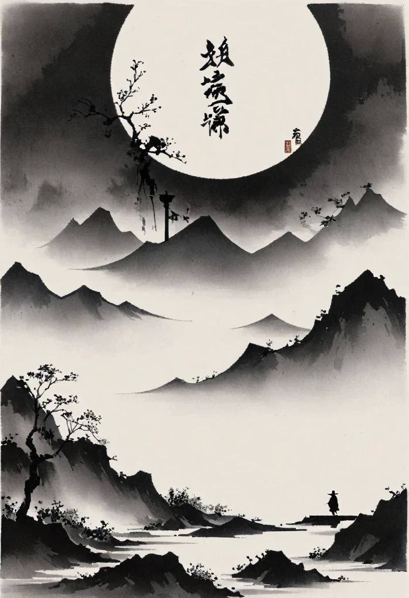 (大量留white:1.5),white, white色背景, simple, Minimalism, abstract,Freehand,Aesthetic,黑与white,Ink Painting,antiquity,Mountain,People in the distance