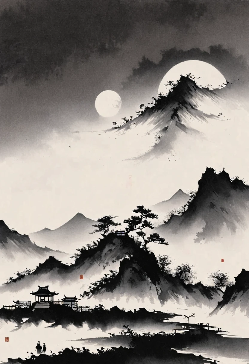 (大量留white:1.5),white, white色背景, simple, Minimalism, abstract,Freehand,Aesthetic,黑与white,Ink Painting,antiquity,Mountain,People in the distance