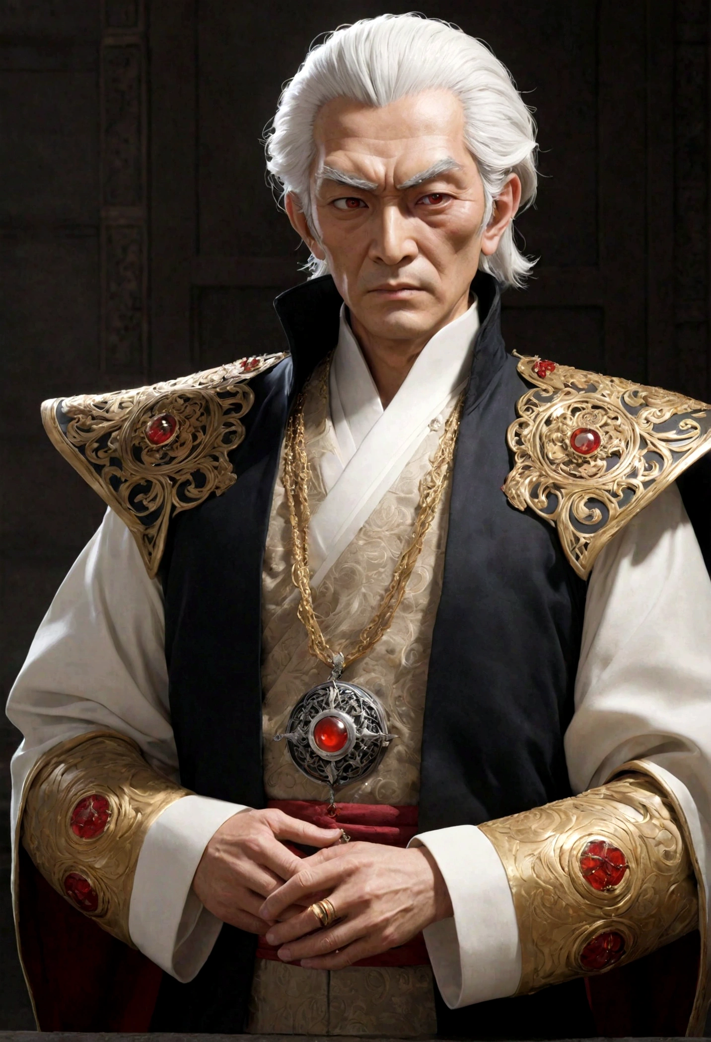 **Lord Toh "White Eyes" Whiteeyes: Zunta's Mad Duke, Master of Indulgence**
**Appearance:**
Lord Toh Whiteeyes, despite carrying the weight of his 72 years, stands tall and imposing. His white hair and eyebrows contrast starkly with his milk-white eyes, from which he takes his name. These eyes, with their penetrating gaze, leave an unsettling impression, as if he is reading the soul of those he looks upon. His face, though lined with the wrinkles of age, still retains a distinguished handsomeness. He typically wears flamboyant and expensive clothing, adorned with dazzling jewelry. Beneath this opulent exterior lies a mind filled with depraved desires and a twisted moral compass.
**Personality:**
Toh Whiteeyes is one of Zunta's most controversial and feared lords. Known for his extreme indulgence and depravity, he has spent his life pursuing every pleasure and committing every vice. He uses people solely for his own gratification, deriving pleasure from their suffering and humiliation. His intelligence and cunning allow him to cleverly conceal these dark tendencies, maintaining the appearance of a respectable lord in society.
**AI Art Prompt:**
Create a portrait of Lord Toh "White Eyes" Whiteeyes, a 72-year-old man who stands tall and imposing. He has white hair and eyebrows that contrast starkly with his milk-white eyes, which convey an unsettling, soul-piercing gaze. His face should show the wrinkles of age but still retain a distinguished handsomeness. Dress him in flamboyant, expensive clothing, adorned with dazzling jewelry, reflecting his opulent exterior. Capture the underlying depravity and twisted morality in his expression and demeanor, hinting at his reputation as a mad duke and master of indulgence.
