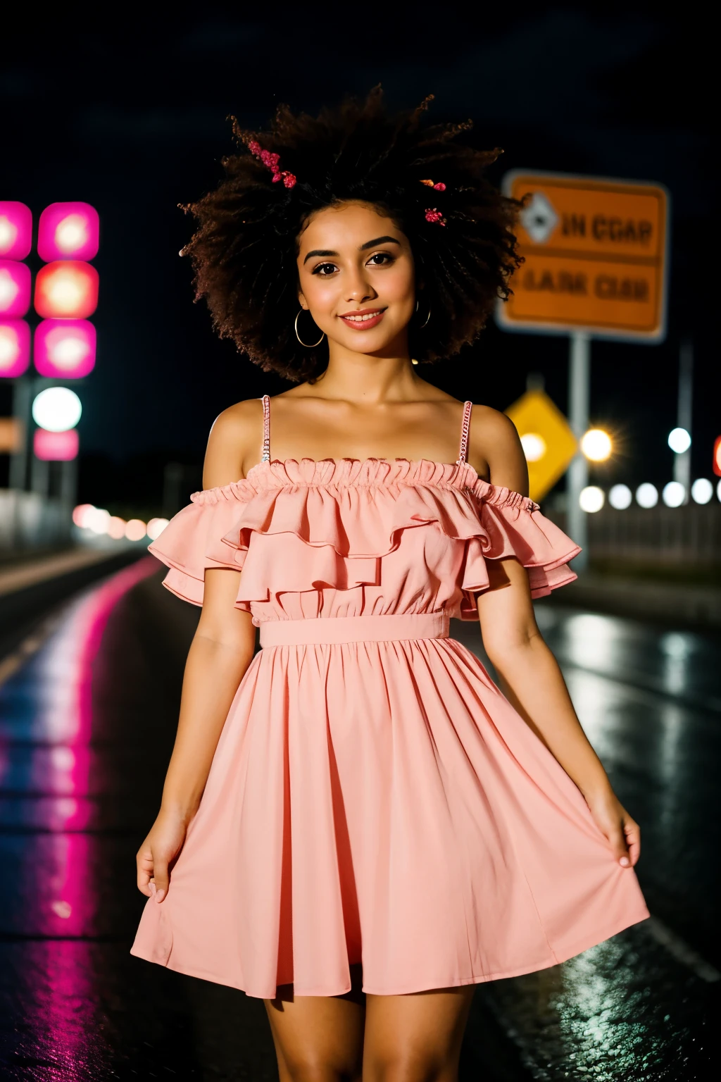 chica morena con cabello afro corto y vestido rosa a lo lejos, bailando en la noche en la carretera bajo la lluvia con una flor en la mano mientras le iluminan las luces de la ciudad en la noche