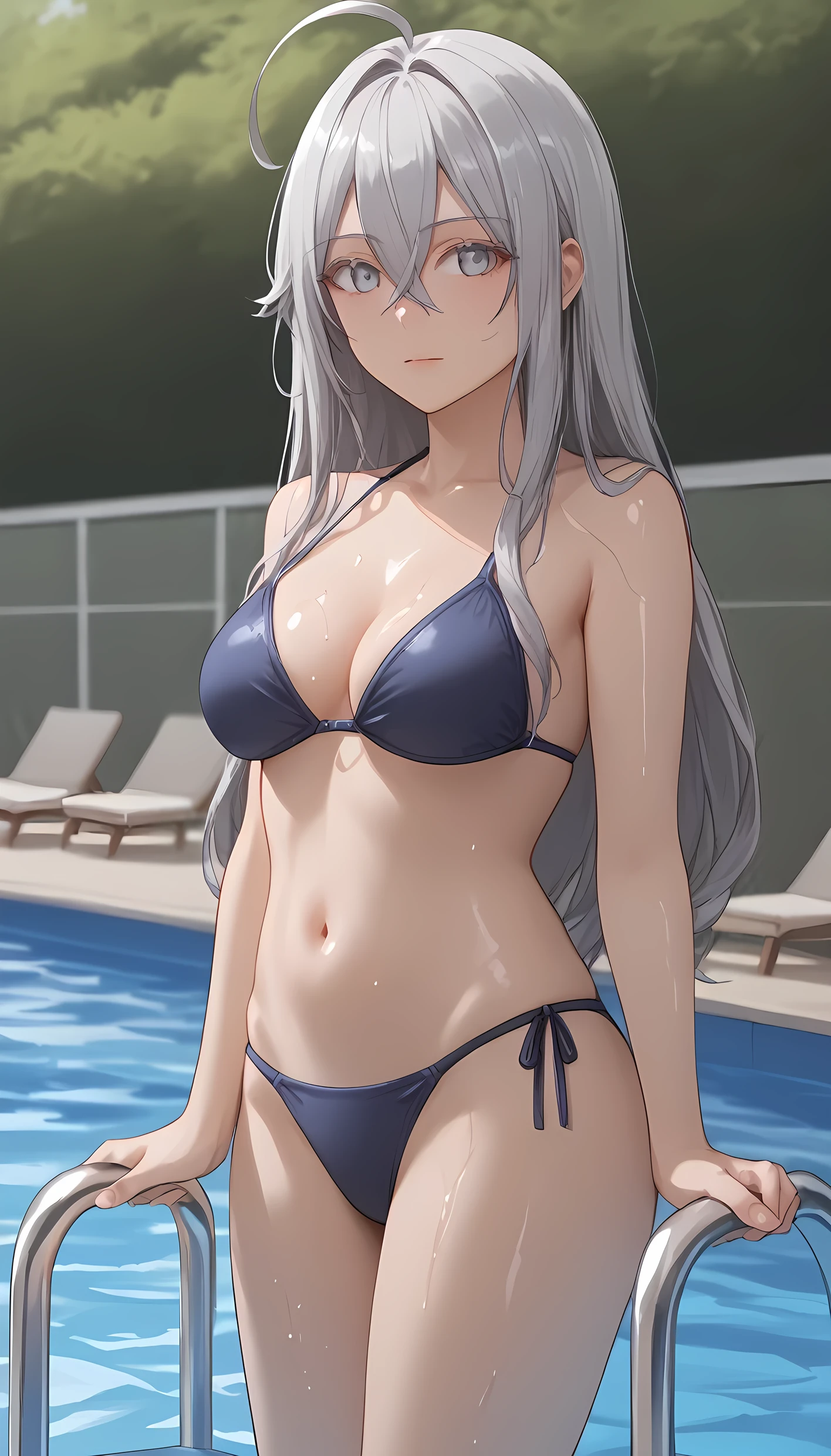 score_9, score_8_up, score_7_up, score_6_up, source_anime,masterpiece, best quality, 8k, 8k UHD, ultra-high resolution, ultra-high definition, highres, shading,
vladilena milize, grey eyes, grey hair, hair between eyes, long hair, ahoge, shiny skin, straight hair, wet skin, wet swimsuit,
bikini, 
pool,
solo, 1girl, standing, cowboy shot,