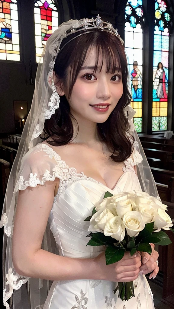 (highest quality,masterpiece:1.3,超A high resolution,),(Ultra-detailed,Caustics),(Photorealistic:1.4,RAW shooting,)Ultra-Realistic Capture,Very detailed,High resolution 16K human skin closeup。 The skin texture is natural、,Pores、It must be detailed enough to be easily identifiable.。 Skin should look healthy and have an even tone。 Use natural light and color,1 girl,Japanese,cute,22 years old,Laughs and Tears,Looking into the camera,Natural brown hair,Half Up,Medium sized breasts,(tiara,Wedding Veil,Pure white wedding dress:1.35),Holding a bouquet,Stand upright,Looking into the camera,Flooded with light,Front view,View from the front,half body Shot,Low position,Advantageous perspective natural light,(gothic style Stained glass,chapel:1.35),(Droopy eyes, Natural Makeup、Ultra-high definition beauty face:1.25)、(Ultra high resolution perfect beautiful teeth, Mid-chest, Tight waist, smile:1.15)