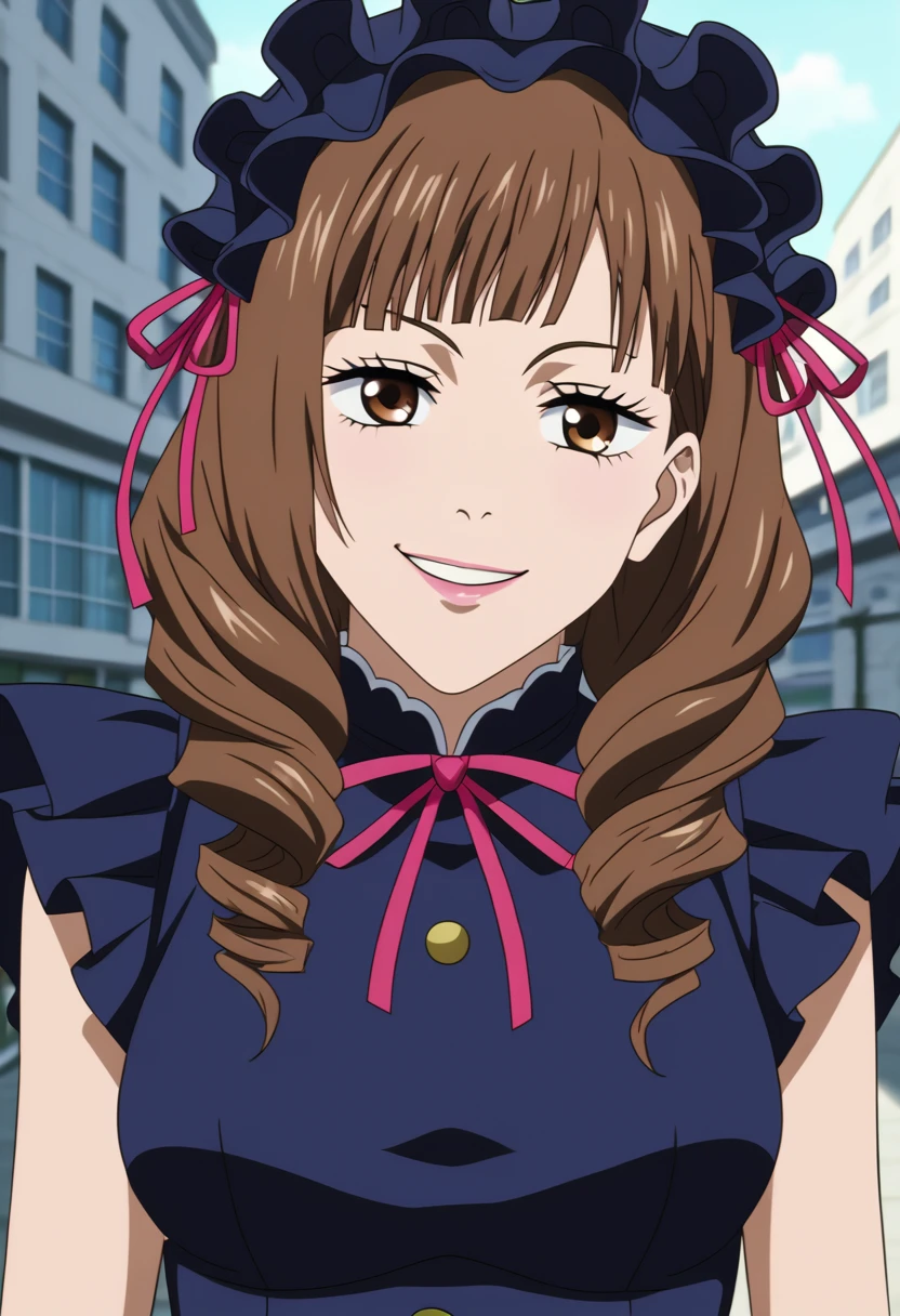 {8k image}, beautiful girl, dark brown hair with bangs, brown eyes, city background, noon, bright lighting, realistic shadows, anime screencap, jujutsu kaisen art style, sweet lolita fashion, white and pastel pink lolita dress, frilly dress, detailed, facing the viewer, pretty face, smirking, pretty, lolita ribbon headdress, lip gloss, half body shot, mappa, jujutsu kaisen season 2, detailed frilly dress, lazy smile, small face, spiral curls hair, sleepy eyes, cute girl, 18 years old, cute frilly dress
