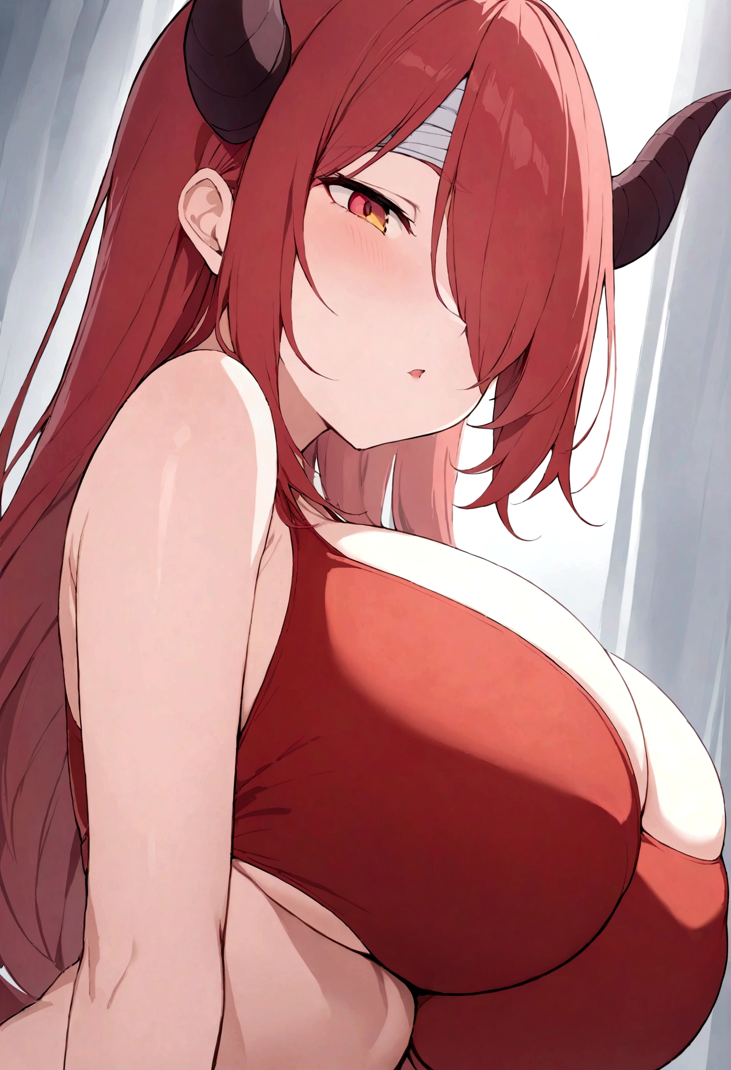 (masterpiece, best quality:1.2) best quality, focus, a closeup of a cartoon of a woman, girl design, portrait, giesha, anime image, long hair, red hair, heterochromia eyes, hair covering horns, demon horns, red tank sport bra, round thick giant breasts, ((huge breasts)), ((large breasts)), ((enormus breasts)), bandage over one eye, anime style, three sided view, masterpiece, highres
