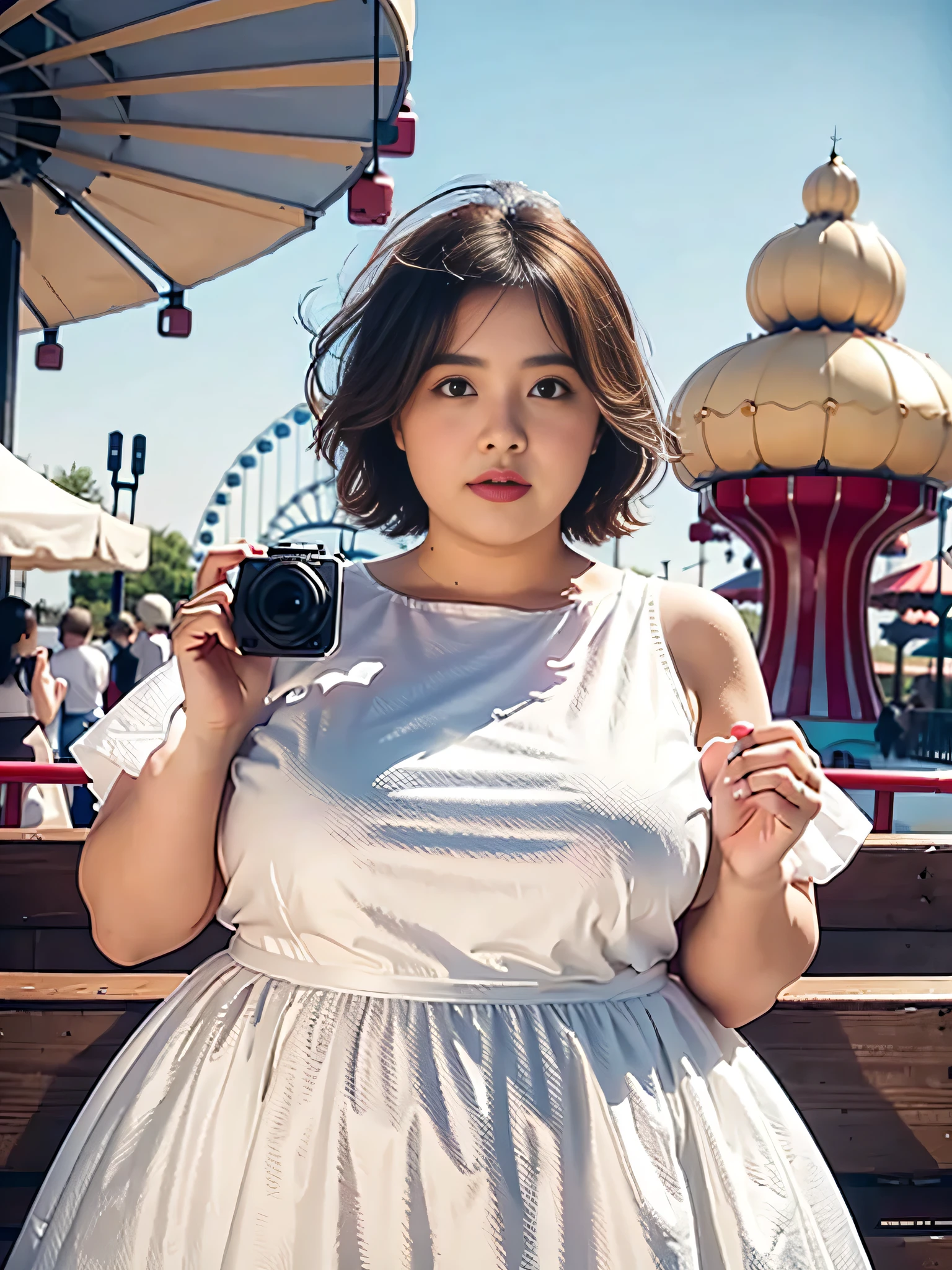 1 girl, obese body, big size, round face, double chin, overweight,Shoulder length Fluffy short hair , white dress,holding her weight on her stomach and looking at the camera,Amusement Park, Ferris Wheel