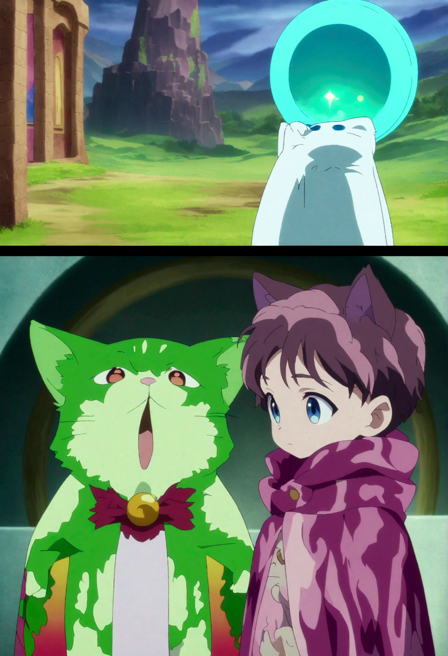 Animated scene of a cat in a cloak standing in front of a clock, Fantasy psychedelic anime, Similar to the style of cytus and deemo, videoScreenshots, Screenshot from the  anime, Animation screenshots, video Screenshots, Cutscenes, Animation screenshots, Screenshots, Kinesiology, Screenshots, Stills from TV animation