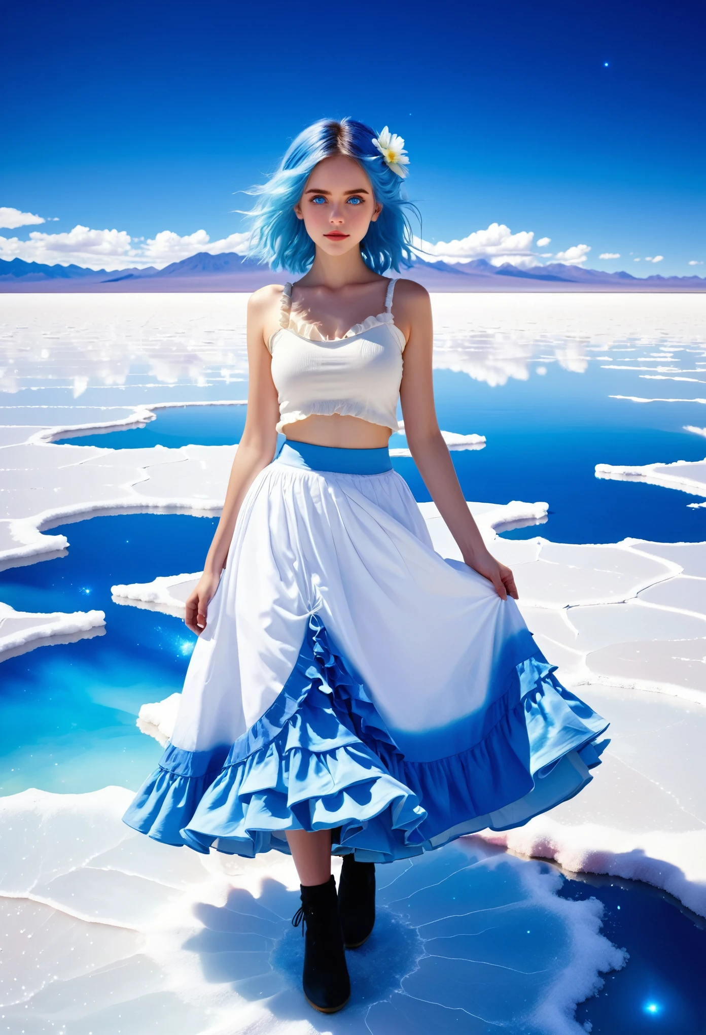 absurd, High resolution, (Official Art, beautiful and aesthetic:1.2), (myopia:1.15), (1 Girl, Blue Hair, Medium Length Hair, blue eyes, Bright Eyes, White long skirt, Blue ruffles,:1.2) Blue sky, Glittering galaxies, (Uyuni Salt Flats:1.2), (Fractal Art:0.8), Water Effects, Ripple effect, (Flower Effect: 0.65), Lighting Effects,