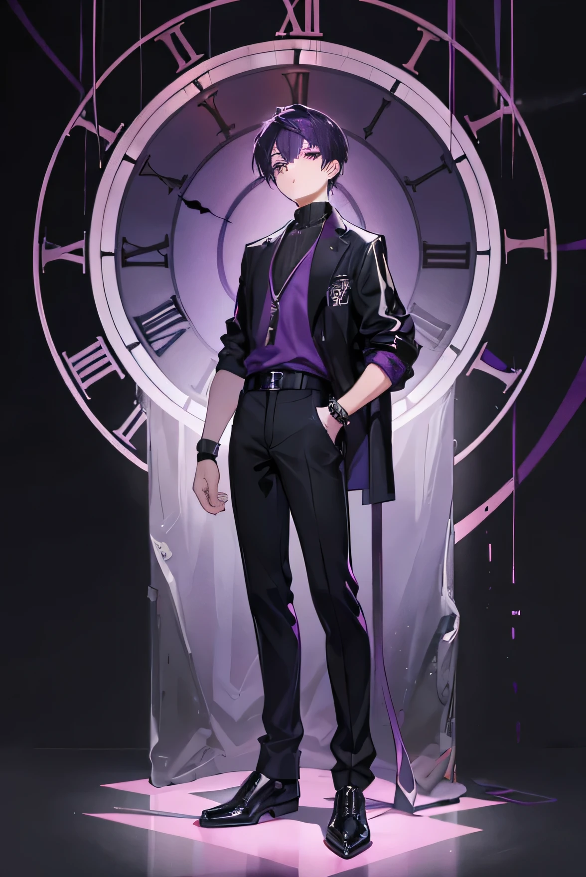 a 17 year old boy with purple hair and black eyes, wearing a black outfit, a giant clock behind him,short height,aesthetic physique, perfect face,full body image