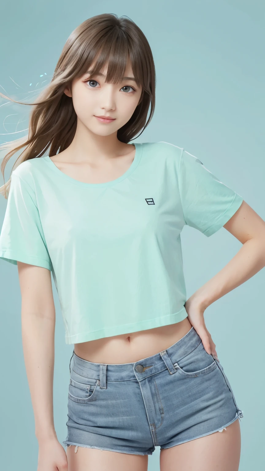 masterpiece,highest quality,1 Girl,delicined face, 前hair, just_arm, just_shoulder, green_eye, clavicle, (high resolution:1.48)、(T-Shirts:1.48)、(Perfect Style:1.48)、cowboy_shot, crop_superior, High leg, High leg, length_hair, looking for_in_peeping in the viewer, belly button, Realistic,  一人in, Are standing, 