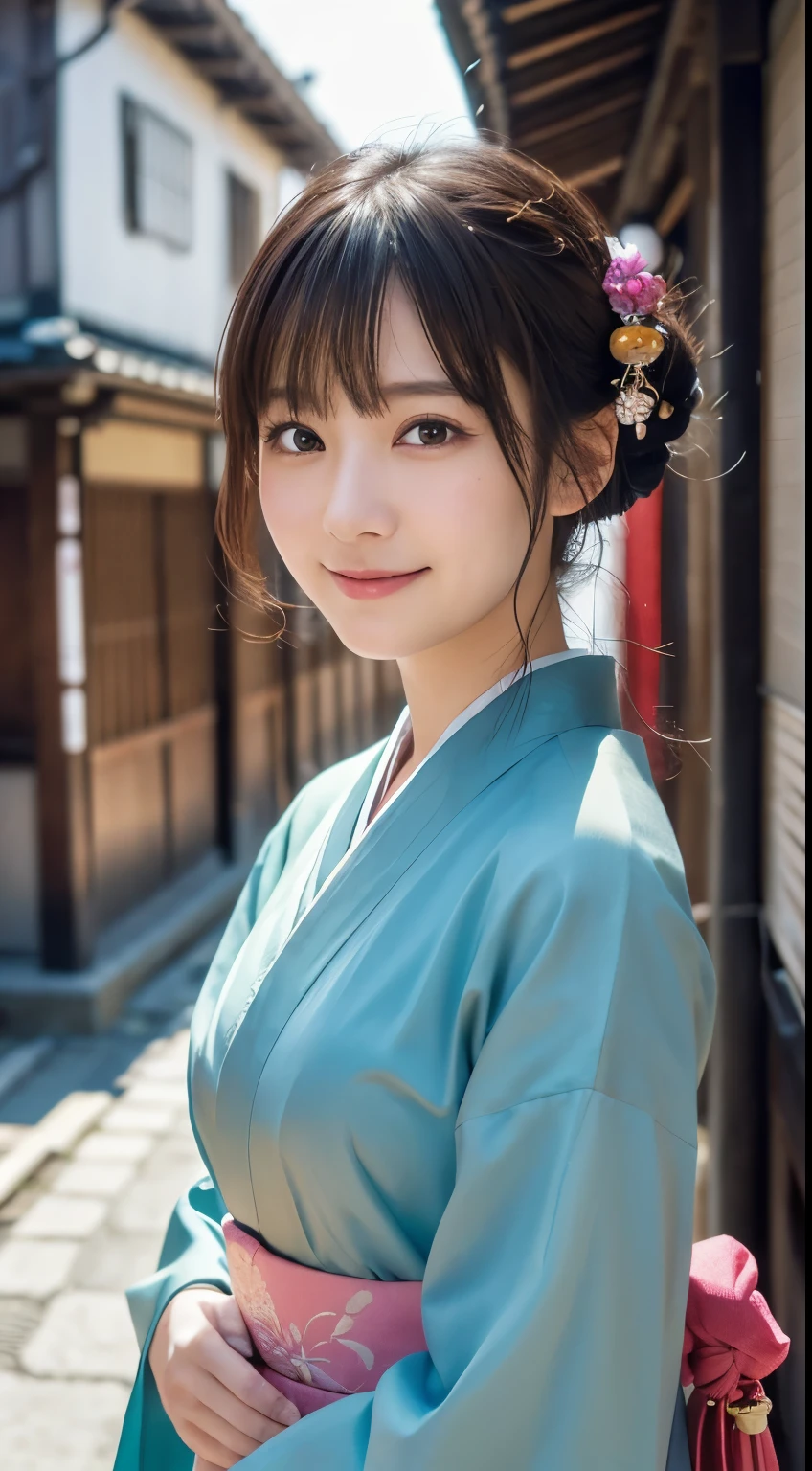 Professional Lighting,(Photorealistic:1.4), (Top image quality:1.0), (超A high resolution:1.0), 8k, Raw photography, (masterpiece:0.2), (Facing the children_v1:0.5)、(最高quality Detail:1.2)、Realistic、8K Ultra HD、High resolution、(1 girl:1.2)、超detailedな、High quality textures、複雑なdetailed、detailed、Very detailed CG、High quality shadows、detailed 美しく繊細な顔、Beautiful details and a delicate eye、(Symmetrical eyes:1.2),Written boundary depth、Ray Tracing,1 girl, Japanese Girls, (Natural smile:1.4),cute, thin, Portrait of a beautiful Japanese woman in a kimono, Standing elegantly on a street corner in Kyoto. Kimono with vibrant traditional patterns, Hair decorated with elegant and delicate hairpins, Gentle expression. (With the old streets of Kyoto in the background:1.4)、The soft light of a spring afternoon、Adding tranquility to the scene. Rendered in a Realistic style with great attention to detail, High resolutionの画像.Sky Porn, Magic Hour, (Realistic:1.3), finely, quality, (Tabletop:1.2), (Realistic:1.2), (最高quality), (複雑なdetailed), dramatic, Ray Tracing, photograph, +roller