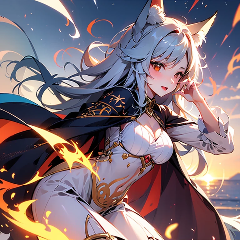 One Girl, Fox Girl, Fox's Tail, Nine-Tailed Fox,Fox Ears, Black colored hair, Fox Makeup,One Girl, Kimono with open chest, Body size is 100-70-90!, Nice body, Avatar, face, Open chest, lewd face, Dominant representation, naughty face, Big Breasts, Emphasize cleavage,Show bare skin, Skin is visible, With legs apart, Show off your thighs, M-shaped legs, A beautifully patterned kimono,Red and black flowing water pattern kimono, I can see her cleavage, Muscular, Uplifting, Abdominal muscles, Exposed skin, Long Hair, Skin Texture, Soft breasts, Large Breasts, Standing in a grassy field, outside, Blue sky, Composition facing directly ahead, Grab your breasts with both hands, Fingers digging into breasts, Gravure pose, Developmental atmosphere, god秘的な絵, god々Cool atmosphere