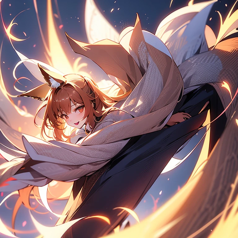 One Girl, Fox Girl, Fox's Tail, Nine-Tailed Fox,Fox Ears, Black colored hair, Fox Makeup,One Girl, Kimono with open chest, Body size is 100-70-90!, Nice body, Avatar, face, Open chest, lewd face, Dominant representation, naughty face, Big Breasts, Emphasize cleavage,Show bare skin, Skin is visible, With legs apart, Show off your thighs, M-shaped legs, A beautifully patterned kimono,Red and black flowing water pattern kimono, I can see her cleavage, Muscular, Uplifting, Abdominal muscles, Exposed skin, Long Hair, Skin Texture, Soft breasts, Large Breasts, Standing in a grassy field, outside, Blue sky, Composition facing directly ahead, Grab your breasts with both hands, Fingers digging into breasts, Gravure pose, Developmental atmosphere, god秘的な絵, god々Cool atmosphere