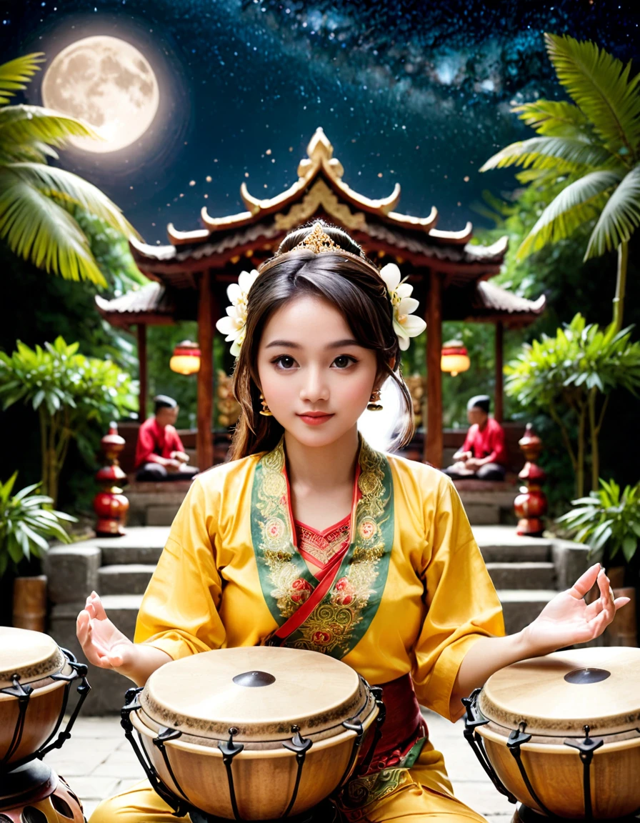 (close up face), cute, moe, kawaii, Gamelan Music brings to mind a scene where traditional Indonesian music is being played. In a large garden, gamelan players gather and pick up various percussion instruments. They play various instruments such as copper keys, iron keys, drums, and gongs. The sound is mystical and attractive, inviting listeners to a distant Eastern country. The gamelan music echoing in the night sky spreads with a pleasant rhythm on the wind. 