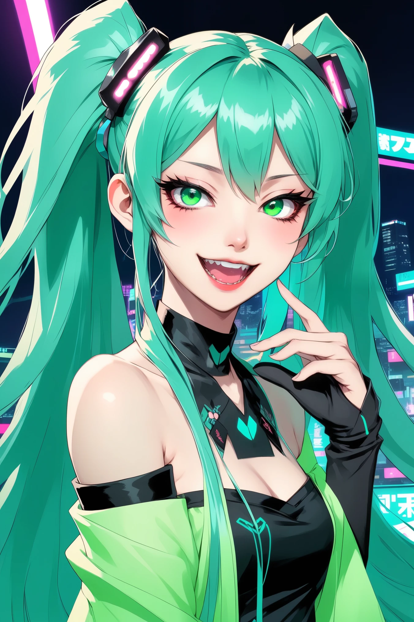 (best quality, sketch:1.2),Practical,ilustrador,shrew,Japanese cartoons,1 girl, Hatsune Miku,Detailed lips, ,Fangs,hand,Off-shoulder, Neon long hair,High ponytail green,masterpiece, The style is vintage, Dj