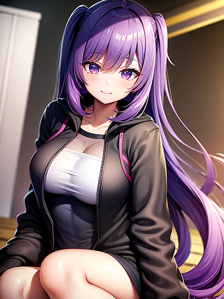  cute anime girl in black sweatshirt with short purple hair with big purple bunny ears with purple eyes