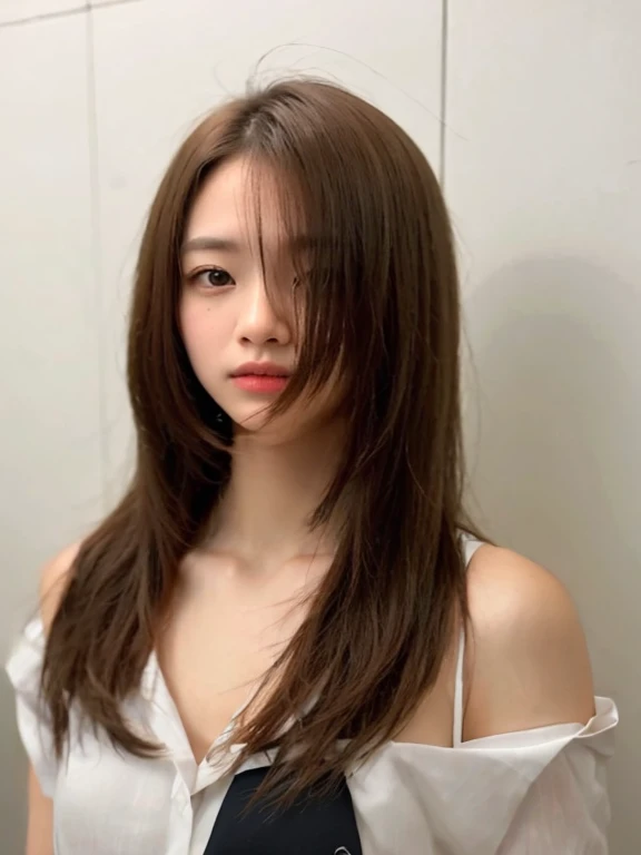 Best Quality, 8k, Masterpiece, (Portrait: 1.3), (photo realistic:1.4), (hyper realistic:1.4), Sharp Focus, looking at viewer, (smoother lighting:1.1), (increase cinematic lighting quality:0.9), realistic lighting, backlighting, light on face, ray trace, (brightening light:1.2), (Increase quality:1.4), sharp detail, (best quality real texture skin:1.4), finely detailed eyes, black_eyes, finely detailed face, 25 year old Korean woman, (white formal_shirt:1.4), (Create an image maintaining the original base model hairstyle:1.5)