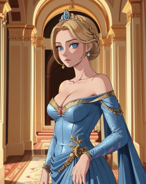 ((Best quality)), ((Masterpiece)), (detailed), (Upper body shot), perfect face perfect figure, Middle Ages, 26 year old, Scandinavian woman, Princess, Golden hair, bun-like hairstyle, bright blue eyes, pale skin, large breasts, tight blue dress, off shoulder, cleavage, diamond tiara, (Background: Indoors, hallways, interior of a royal palace, palace background), high resolution, (ultra-detailed), (best illustration), (best shadow), (absurdres), (perfect hands, perfect anatomy), (4k textures), epic artistic, sharp focus, even lighting, insane details, intricate details, hyperdetailed, rich colors,