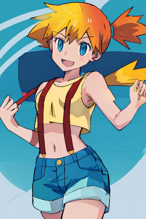 Misty, Pokemon, Red Yellow Striped T Shirt, shortsleeved, long jenas, blue eyes, best quality, Red Yellow Striped T Shirt, ((high definition)) smile,