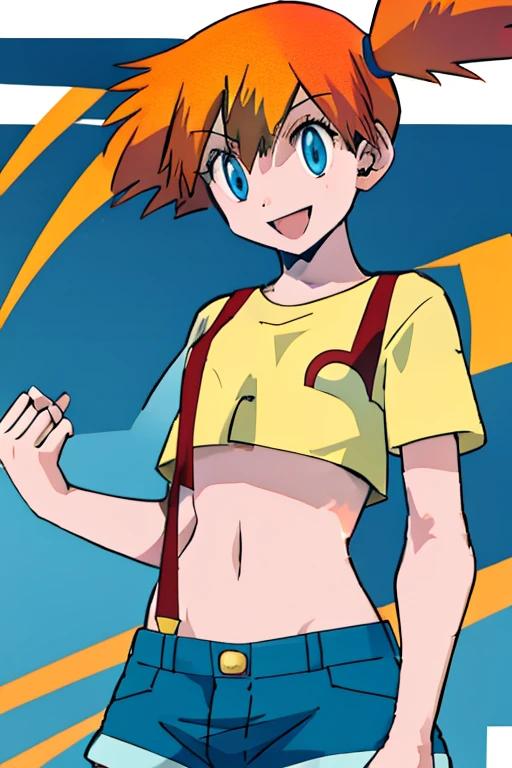 Misty, Pokemon, Red Yellow Striped T Shirt, shortsleeved, long jenas, blue eyes, best quality, Red Yellow Striped T Shirt, ((high definition)) smile,