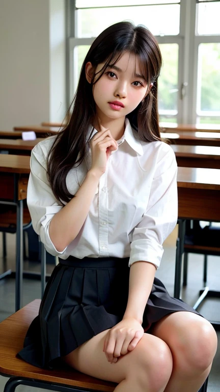 whole body, Pause, (Side view:0.9), (Professional Lighting, Light on the face), 1 girl, cute, Perfect body, View Viewer,  (Highly detailed eyes and face, Beautifully detailed nose, Beautiful fine details), (Beautiful knees, White thighs), Japanese high school girl, (classroom, Wooden desk and wooden chair), ((school uniform, black pleated skirt,White Shirt)), 18-year-old, (ロングヘアBlack Hair, ), black eye, Black Hair, 

