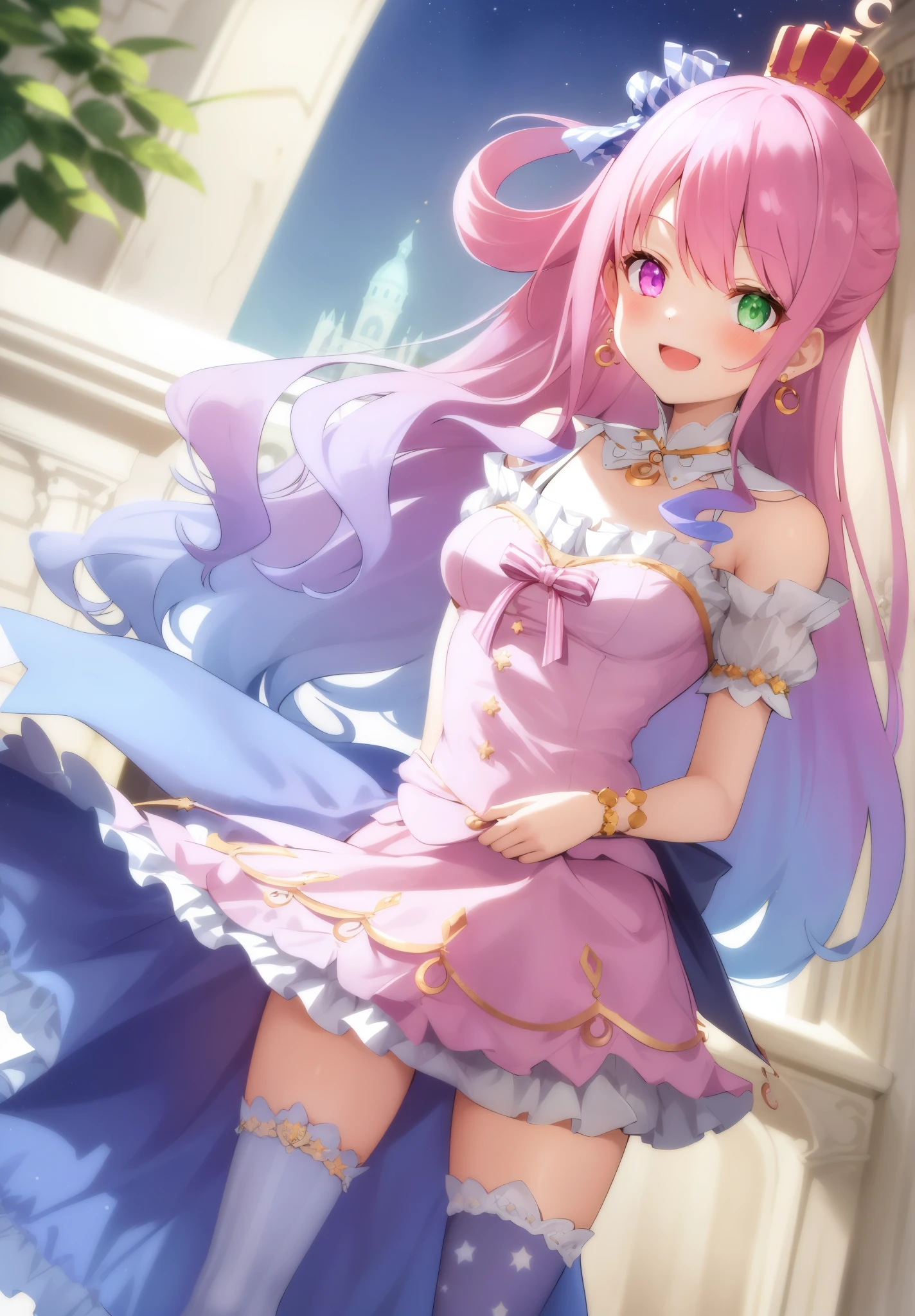 masterpiece, best quality, absurdres, 1girl, solo, heterochromia, long hair, hair rings, candy hair ornament, crown, earrings, detached collar, pink dress, bare shoulders, short sleeves, bracelet, striped thighhighs, smile, arms behind back, indoors, castle, :d, cute, sparkles,