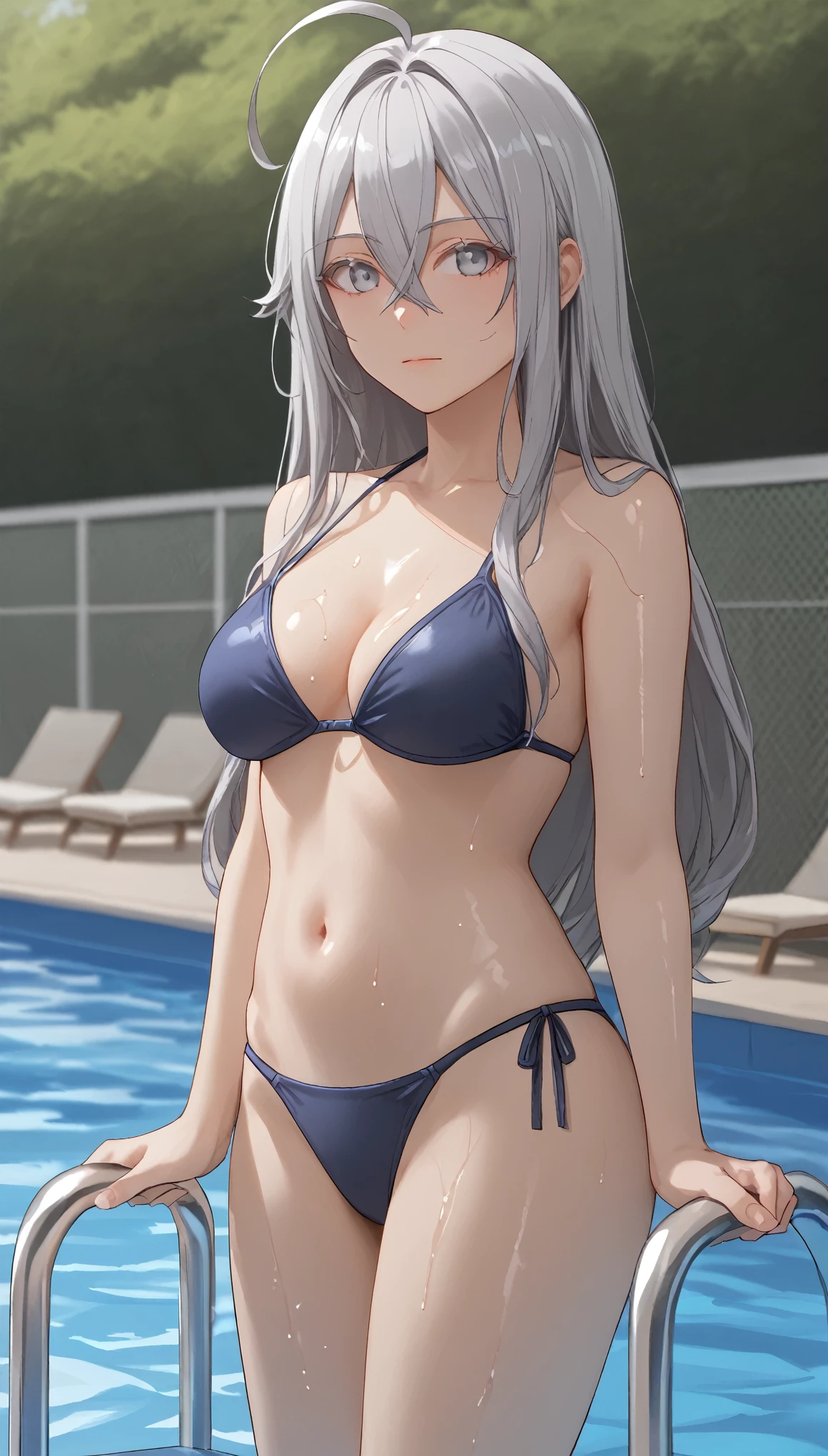 score_9, score_8_up, score_7_up, score_6_up, source_anime,masterpiece, best quality, 8k, 8k UHD, ultra-high resolution, ultra-high definition, highres, shading,
vladilena milize, grey eyes, grey hair, hair between eyes, long hair, ahoge, shiny skin, straight hair, wet skin, wet swimsuit,
bikini, 
pool,
solo, 1girl, standing, cowboy shot,