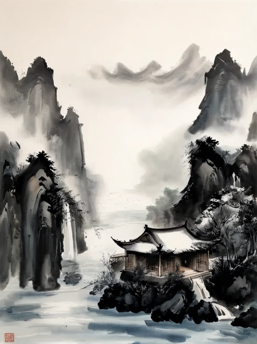 (大量留white:1.5)，white, white色背景, simple, Minimalism, abstract,Freehand，Aesthetic，黑与white，Ink Painting，antiquity，This is just the tip of the iceberg