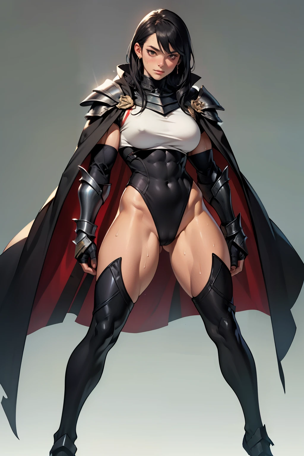 (high resolution, pixel perfect, gorgeous illustrations), (hyper quality, muste piece, etheric: 1.4), ((((1girl, solo)))), full body, ((stand,open legs)), cool atmosphere, black hair, ((Exquisite face)), (((((((muscular))))))), ((thick thighs)), (((wide hips))), ((Big breasts that are about to burst)), fighter, ((((waist-cape armor, black zentai)))), ((armor)), ((cameltoe)), shiny skin, gleaming skin, sweat, simple background, style_parody, anime_coloring,