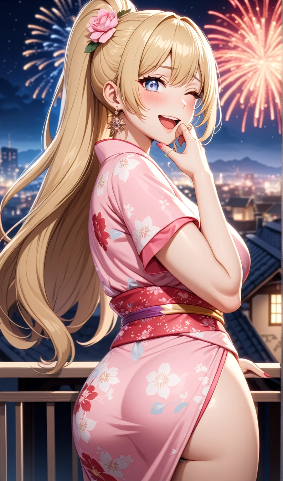 ((one personの女性)), Beautiful Face,Laughing embarrassedly,((Wink:2.0)),laugh with a big mouth,turn bright red,Glossy pink lips,night,rooftop,Festive decorations,You can see the ocean, firework,((Anime style background)),masterpiece, highest quality, so beautiful, Latest, Complex details, (Pink long nails),AI-generated, Complex,High resolution, highest quality, super high quality,3D Images、View your viewers、3D Images,one person,Long Blonde Hair,High Ponytail,blue eyes,Anime woman posing for a photo, (Fine grain,Silvery white colorful eyes,Shining Eyes:1.3),(Squint your eyes:1.1),a hyperRealistic , hyperRealistic , Realistic,Blonde anime woman with long hair, Smooth anime CG art, A woman in a colorful kimono with gold embroidery, (Pink kimono),Red floral pattern,Long flower hair ornament,Big earrings,(ring),(Flower Breath Red),(Big Breasts:1.1),Mature Body,Tall,Big Ass,Fine details,Tight waist,Abdominal muscles,(Face close up:1.3),(Turn around),Shooting from behind