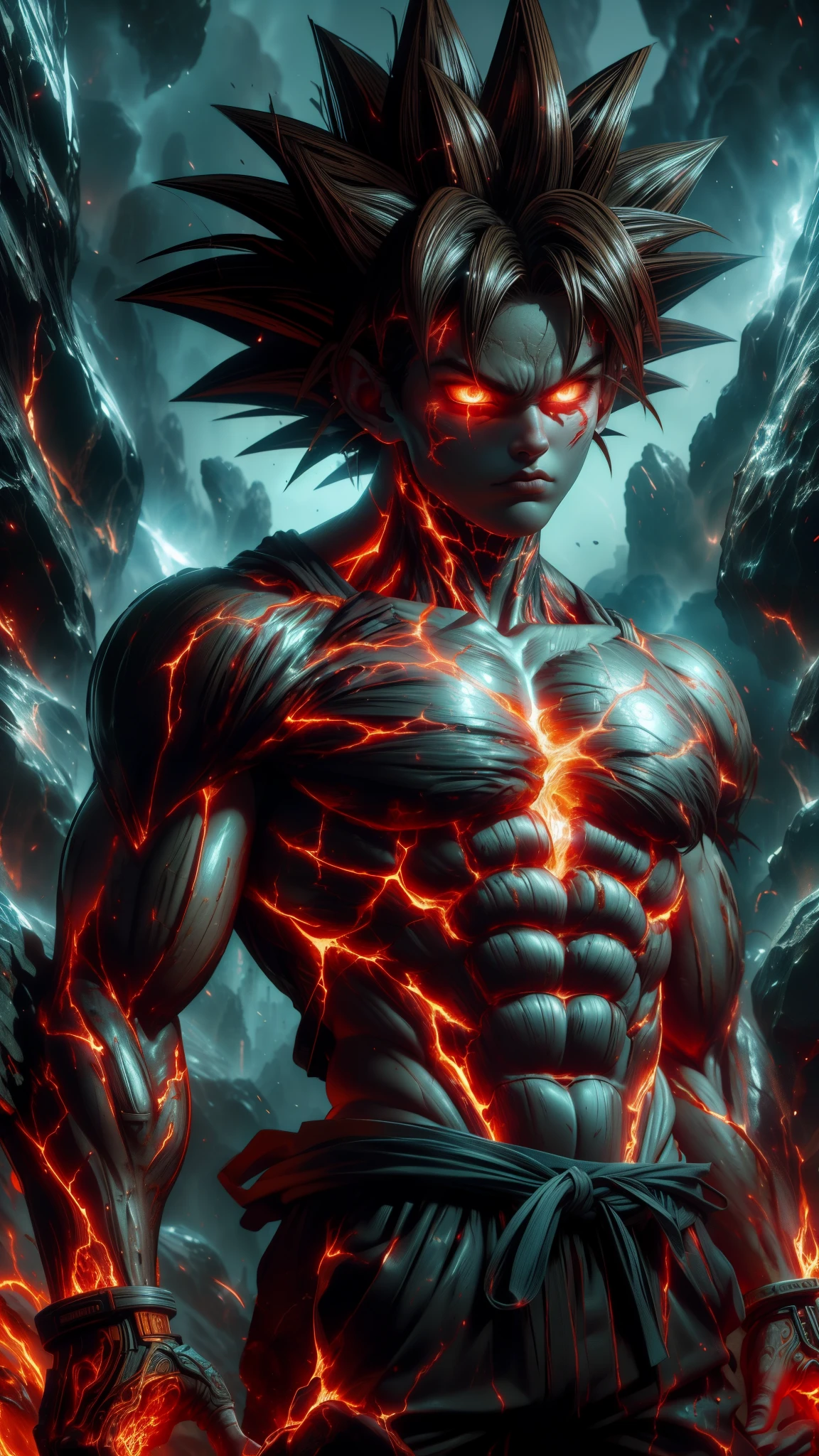 (absurdres, highres, ultra detailed)(masterpiece), (extremely intricate:1.3), (realistic),cyberpunk city,Cinematic Lighting,4k,(masterpiece), (1Goku:1.2),upper body,nvwashireg, burnt clothes,(glowing skin:1.3),(((molten rock skin)))