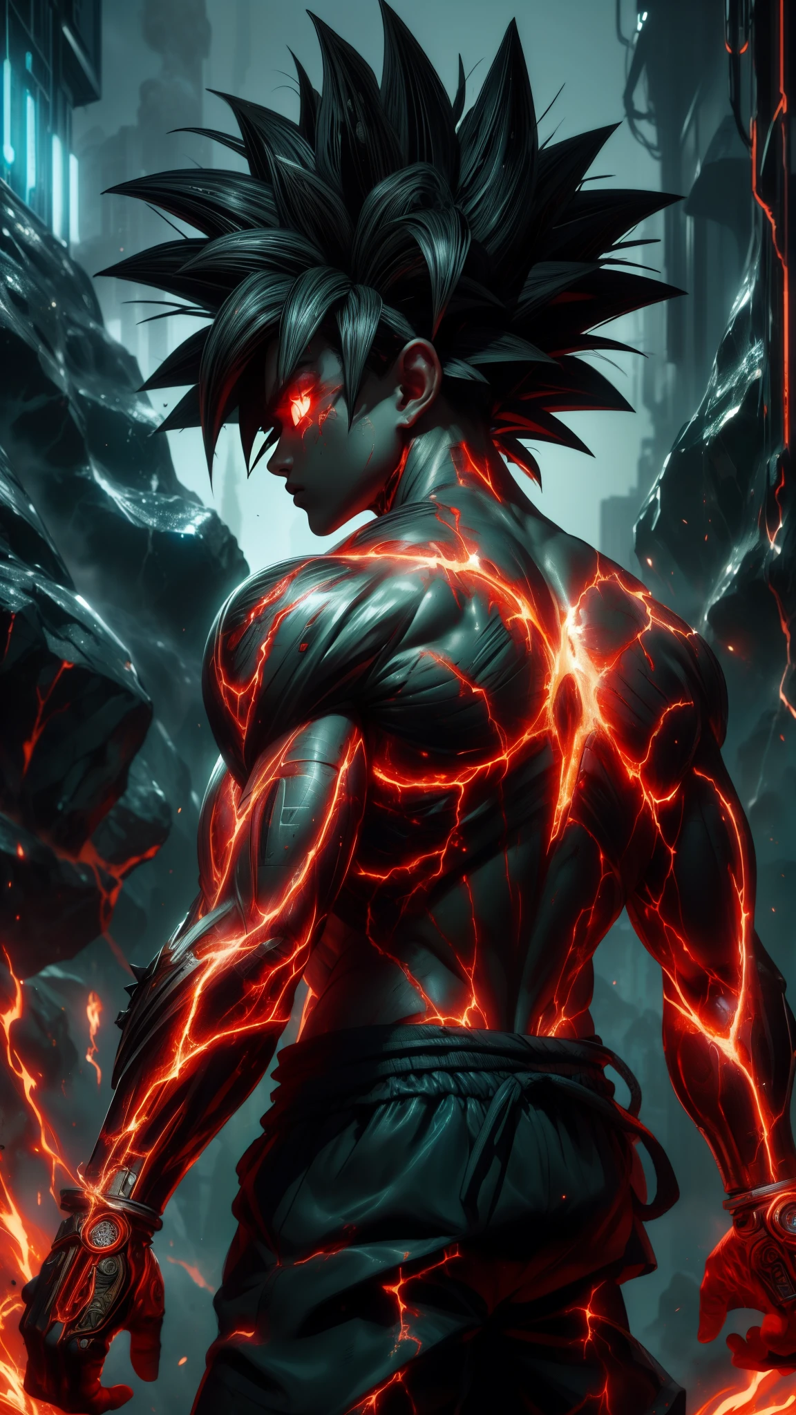 (absurdres, highres, ultra detailed)(masterpiece), (extremely intricate:1.3), (realistic),cyberpunk city,Cinematic Lighting,4k,(masterpiece), (1Goku:1.2),upper body,nvwashireg, burnt clothes,(glowing skin:1.3),(((molten rock skin)))